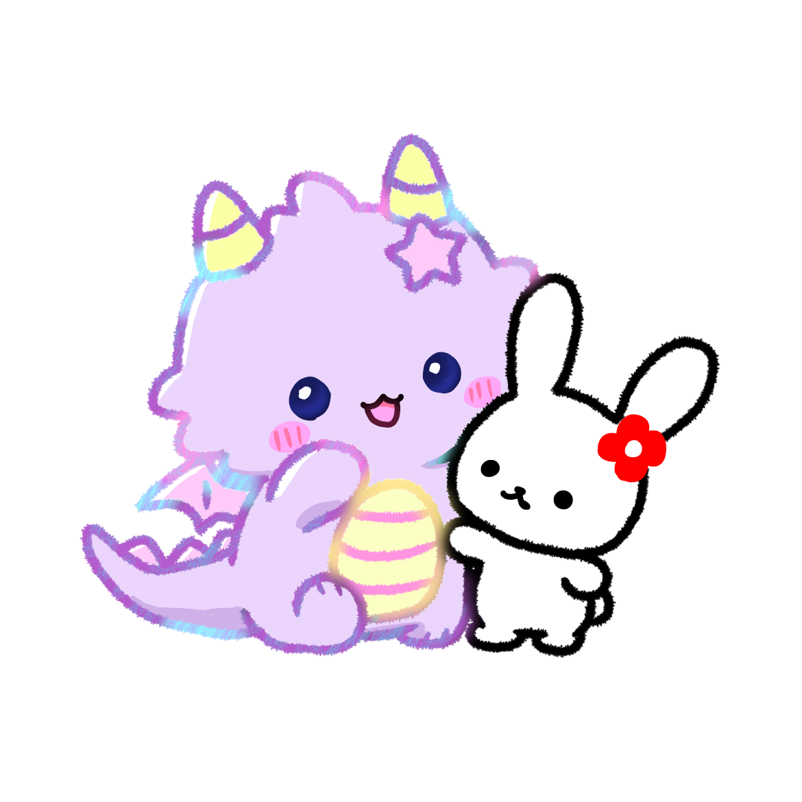 Illustration of Shiro-chan the white rabbit and Draco the small dragon together